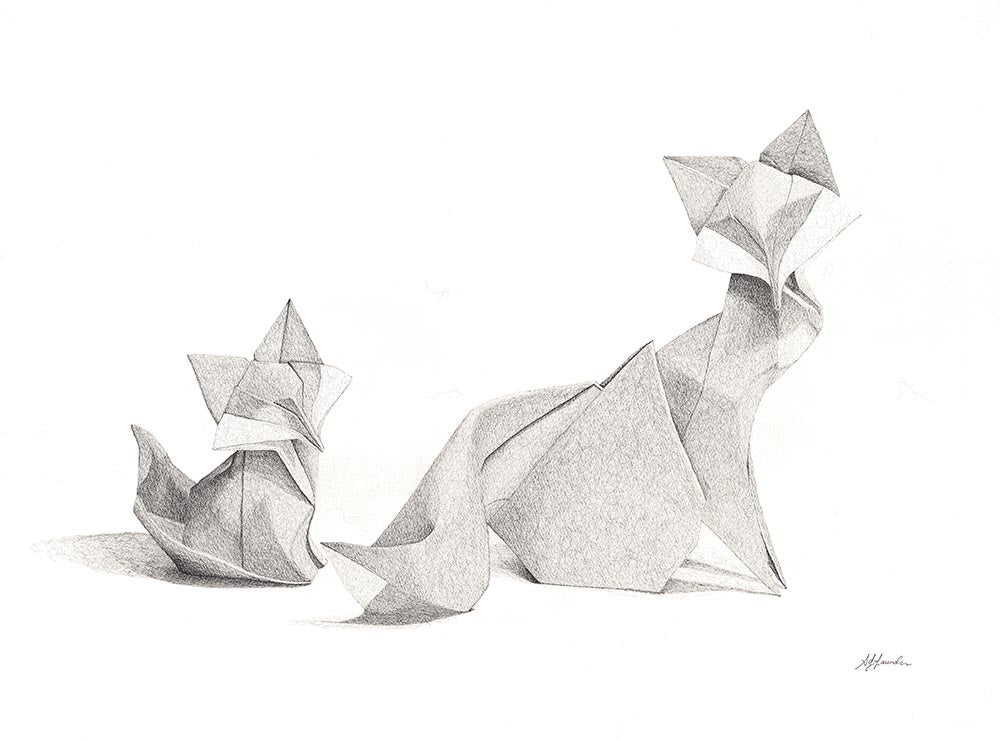 fox and kit origami art, foxes art print, original art Brisbane Australia by AJ Laundess