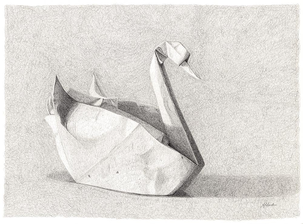 Origami swan ink drawing original artwork