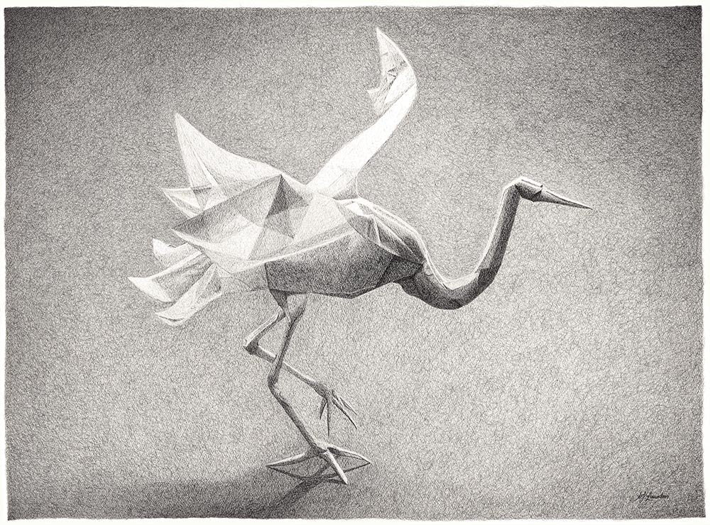 Origami crane monochrome ink original artwork