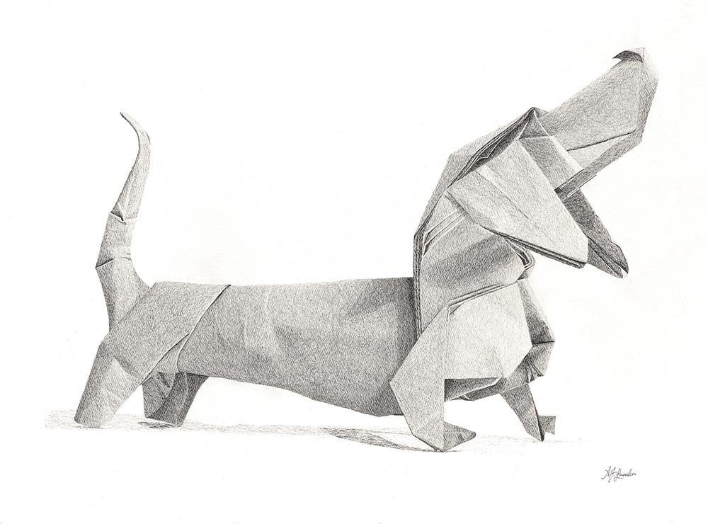 Origami dachshund original ink artwork drawing Brisbane Australia by A.J. Laundess