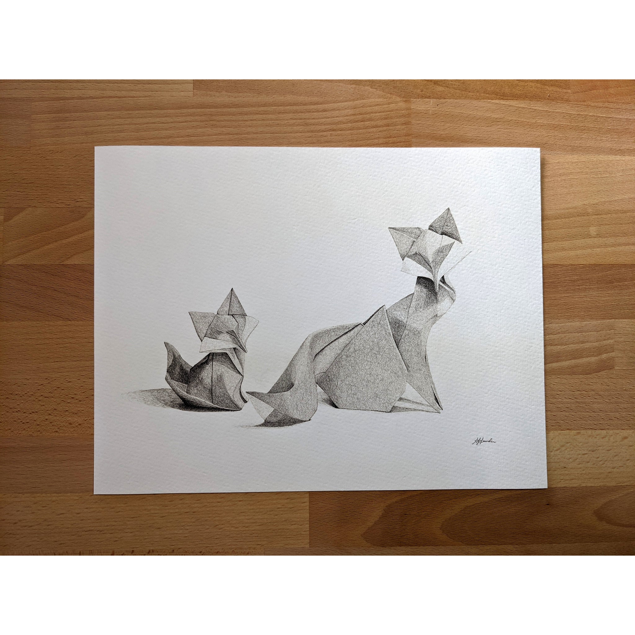 fox and kit origami art, foxes art print, original art Brisbane Australia by AJ Laundess