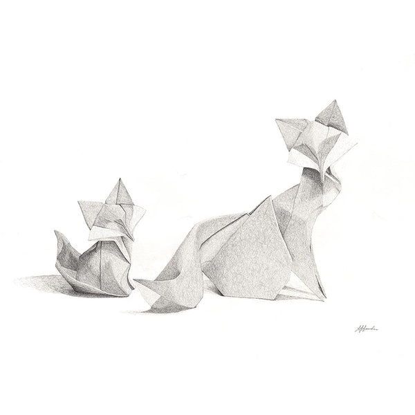 fox and kit origami art, foxes art print, original art Brisbane Australia by AJ Laundess