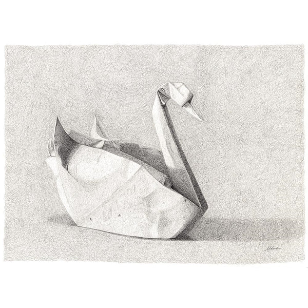 Origami swan ink drawing original artwork Brisbane Australia by AJ Laundess
