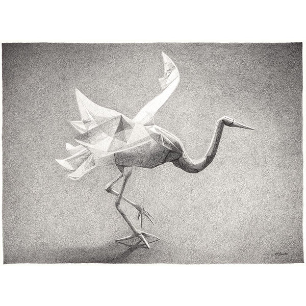 Origami crane monochrome ink original artwork Brisbane Australia by AJ Laundess