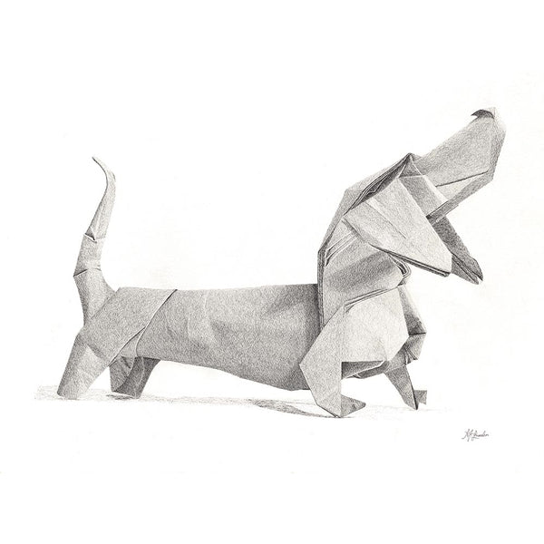 dachshund origami art, sausage dog print, original art Brisbane Australia by AJ Laundess